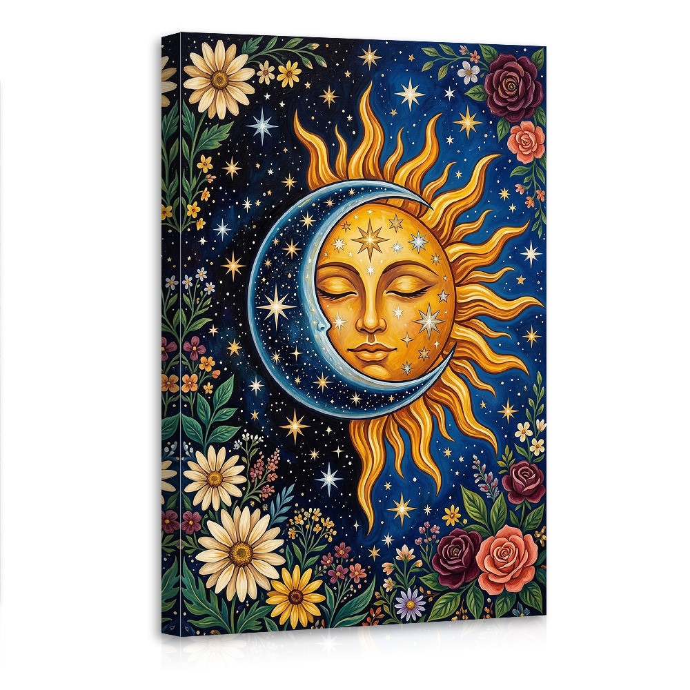 Sun Moon Celestial Wall Art Canvas Poster Floral Stars Bohemian Decor Mystical