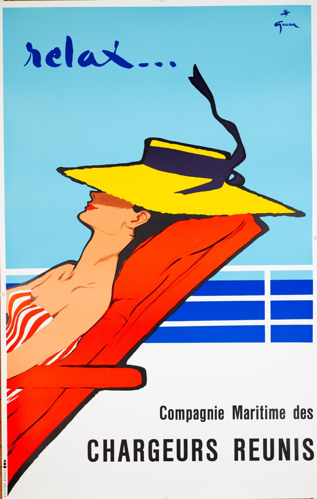 RELAX RENE GRUAU COMPAGNIE REUNIS FRENCH BOAT VINTAGE TRAVEL POSTER ON LINENBACK