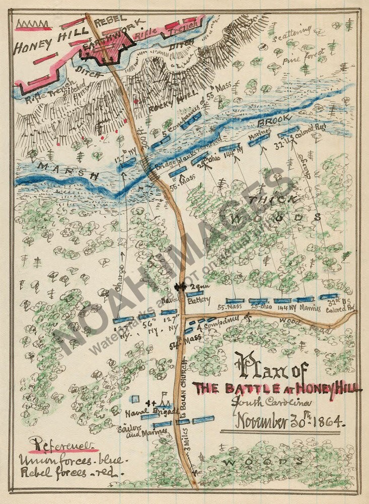Map of Plan of the Battle of Honey Hill SC c1864 12×16