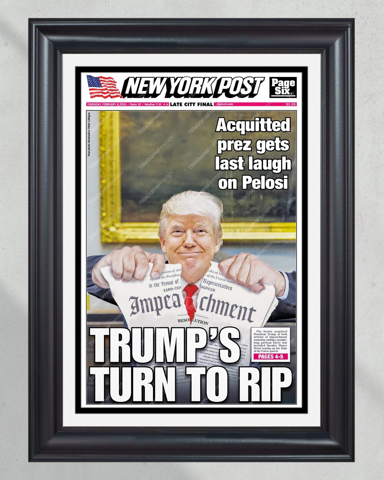 2024 Donald Trump Impeachment Acquittal – ‘Trump’s Turn to Rip’ NY Post Framed N