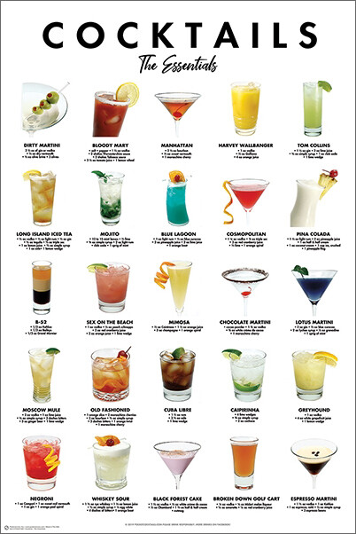 ESSENTIAL COCKTAILS POSTER 25 Mixed Alcoholic Drinks 24×36 POSTER Bartender Bars