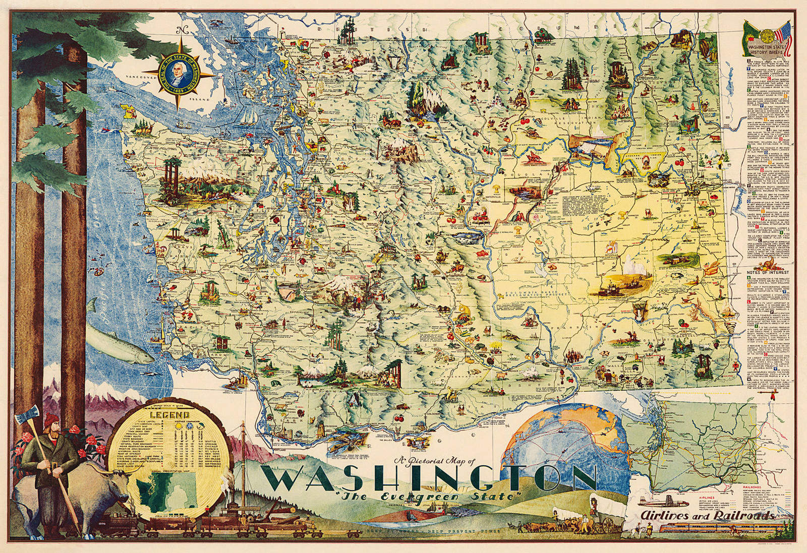 Mid-century Pictorial Map of Washington The Evergreen State Wall Poster Vintage