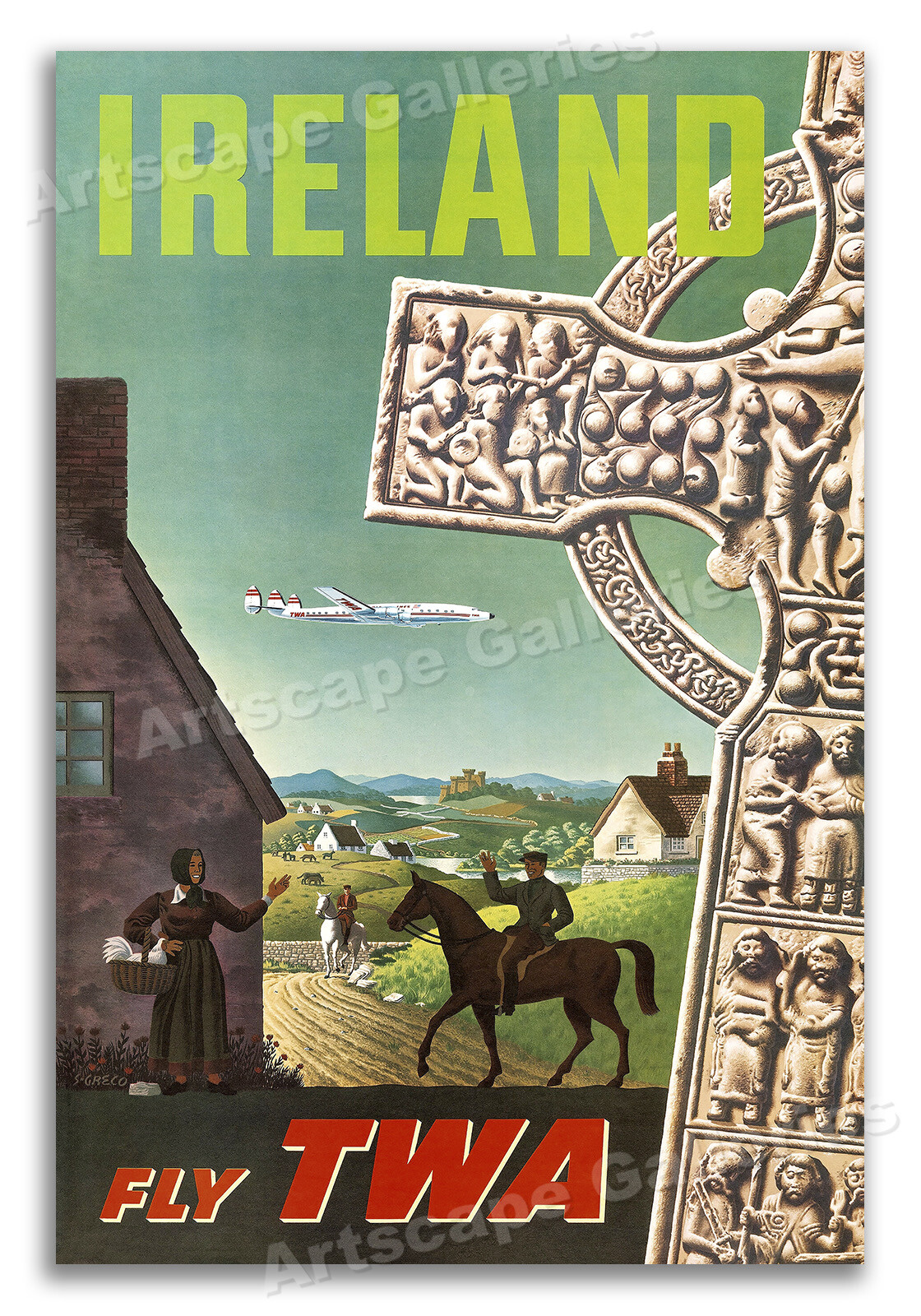 Fly TWA to Ireland – Celtic Cross – Vintage Air Travel Poster – 24×36