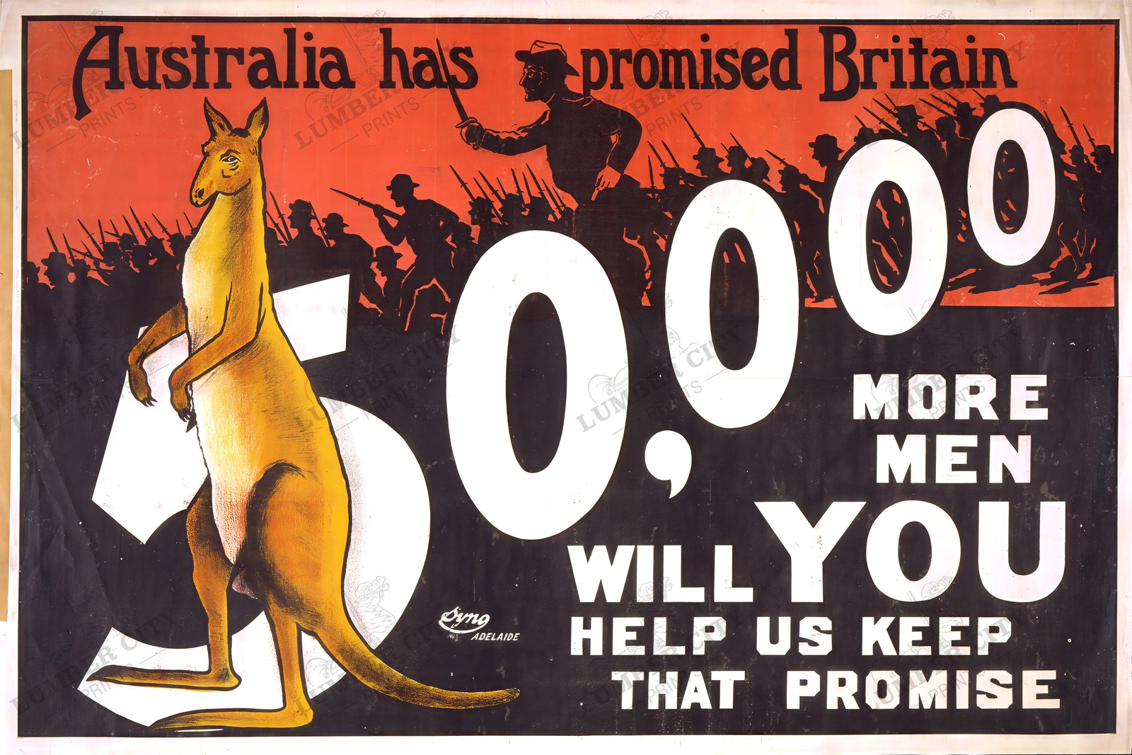 WWI Australia Recruitment Poster 1915 Kangaroo 50,000 Men Wall Art Print