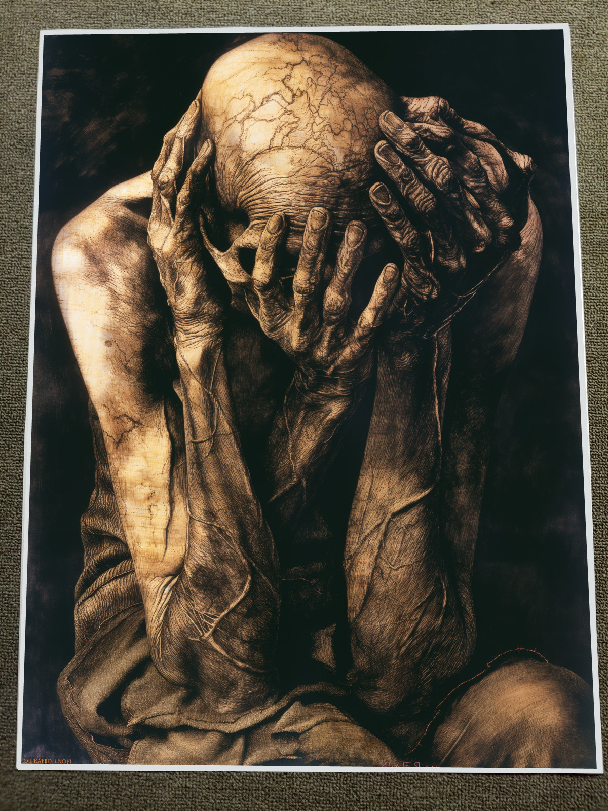 Despairing Human Figure with Hands on Face in Grayscale Poster 18x24in