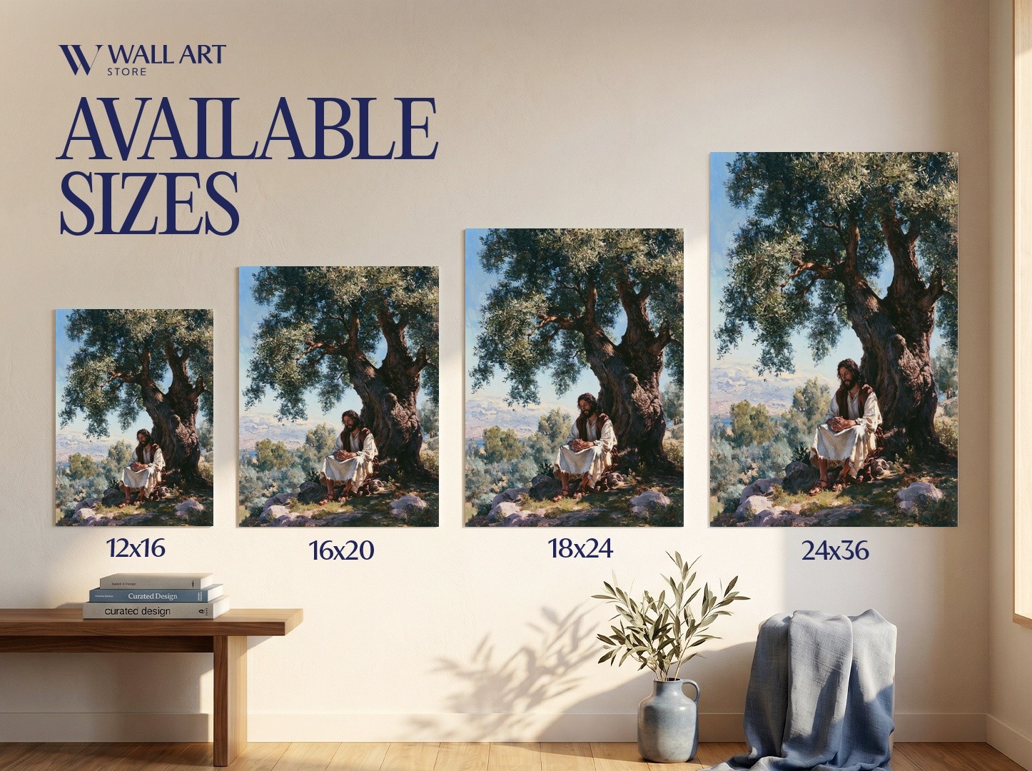 Contemplative Figure Under Olive Tree Poster | Serene Wall Art | Living Room