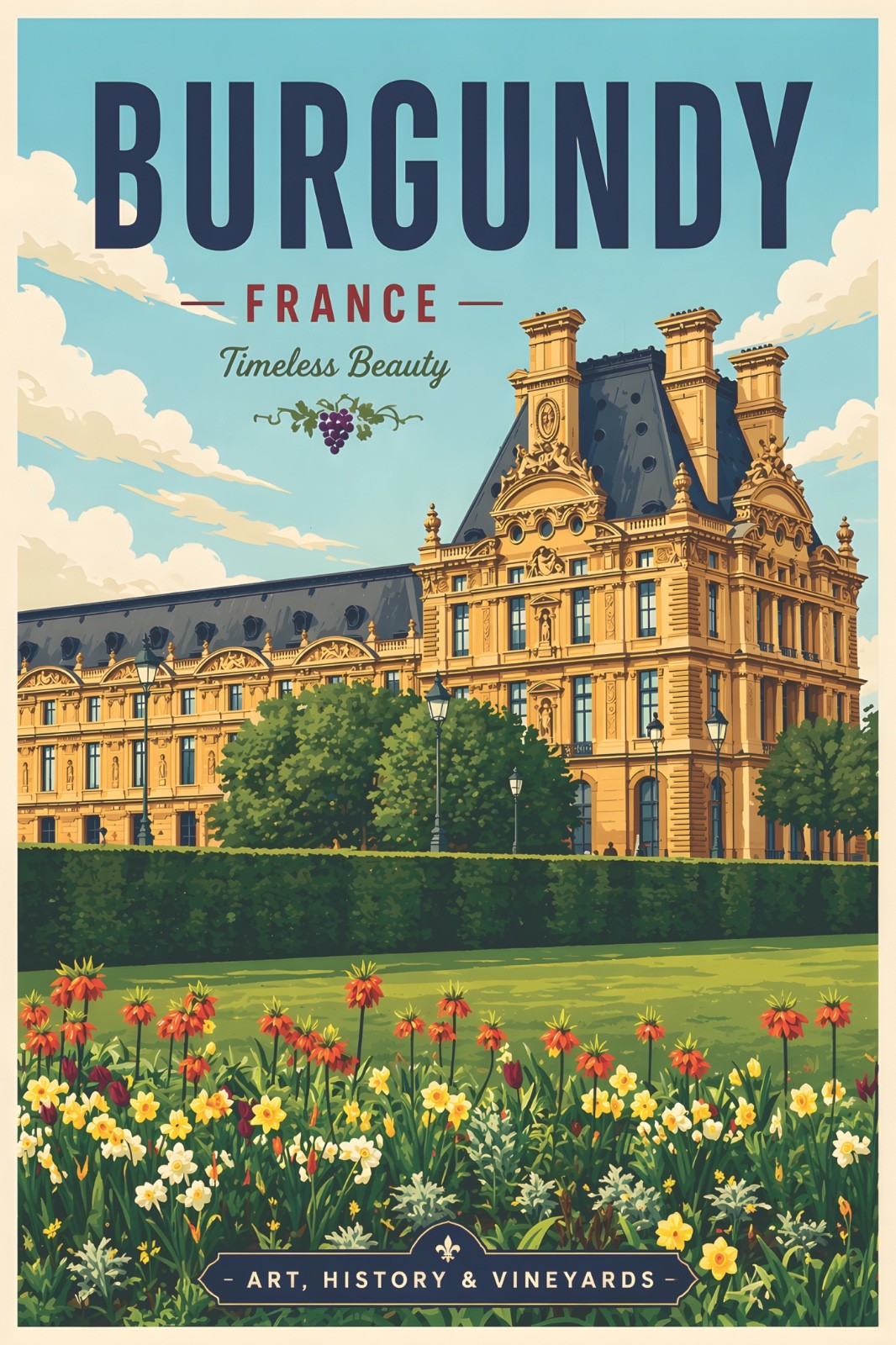 Burgundy France Timeless Beauty Retro Travel Poster Print Wall Art