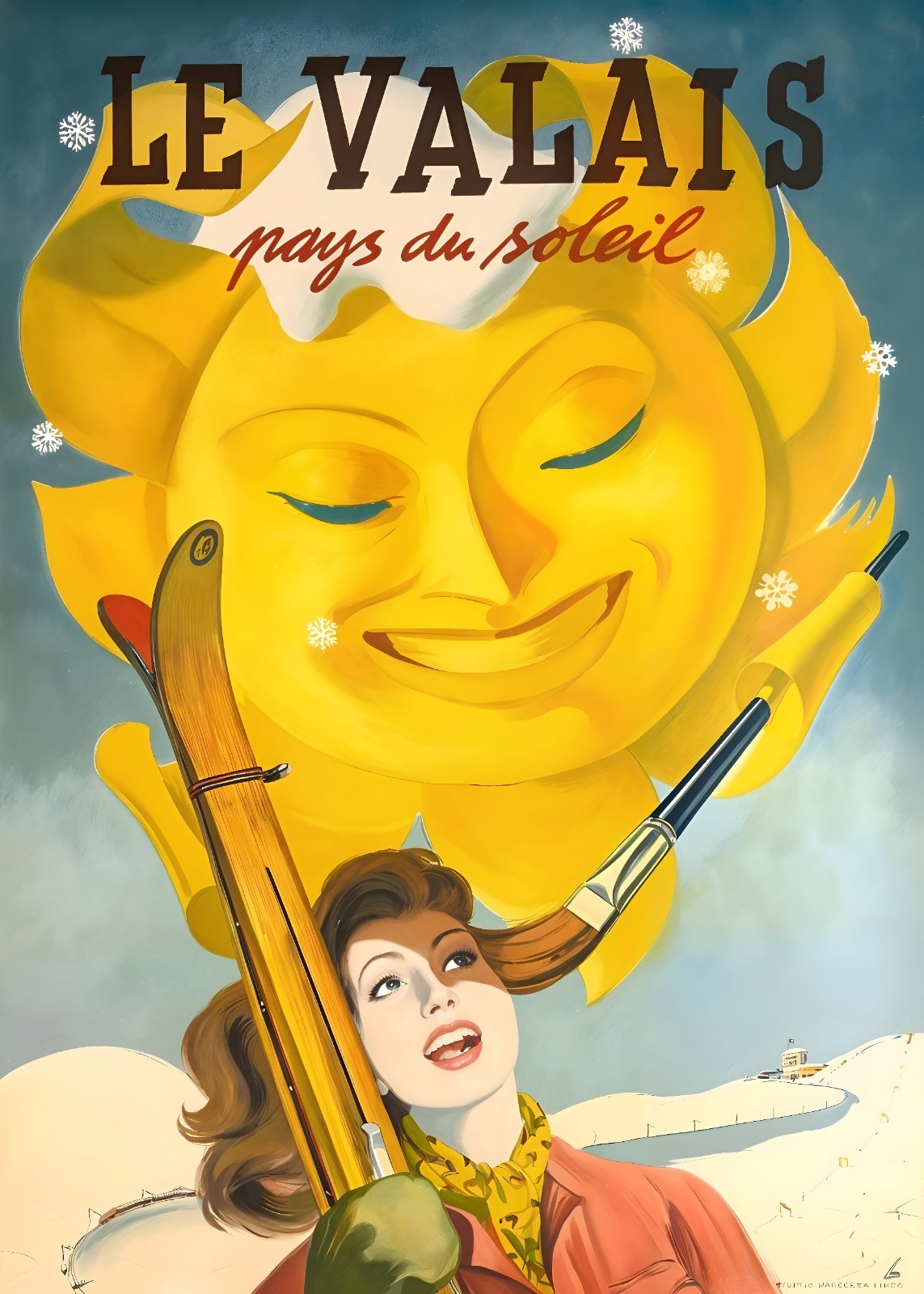 Valais Switzerland Winter Ski Skiing Vintage Travel Poster Print