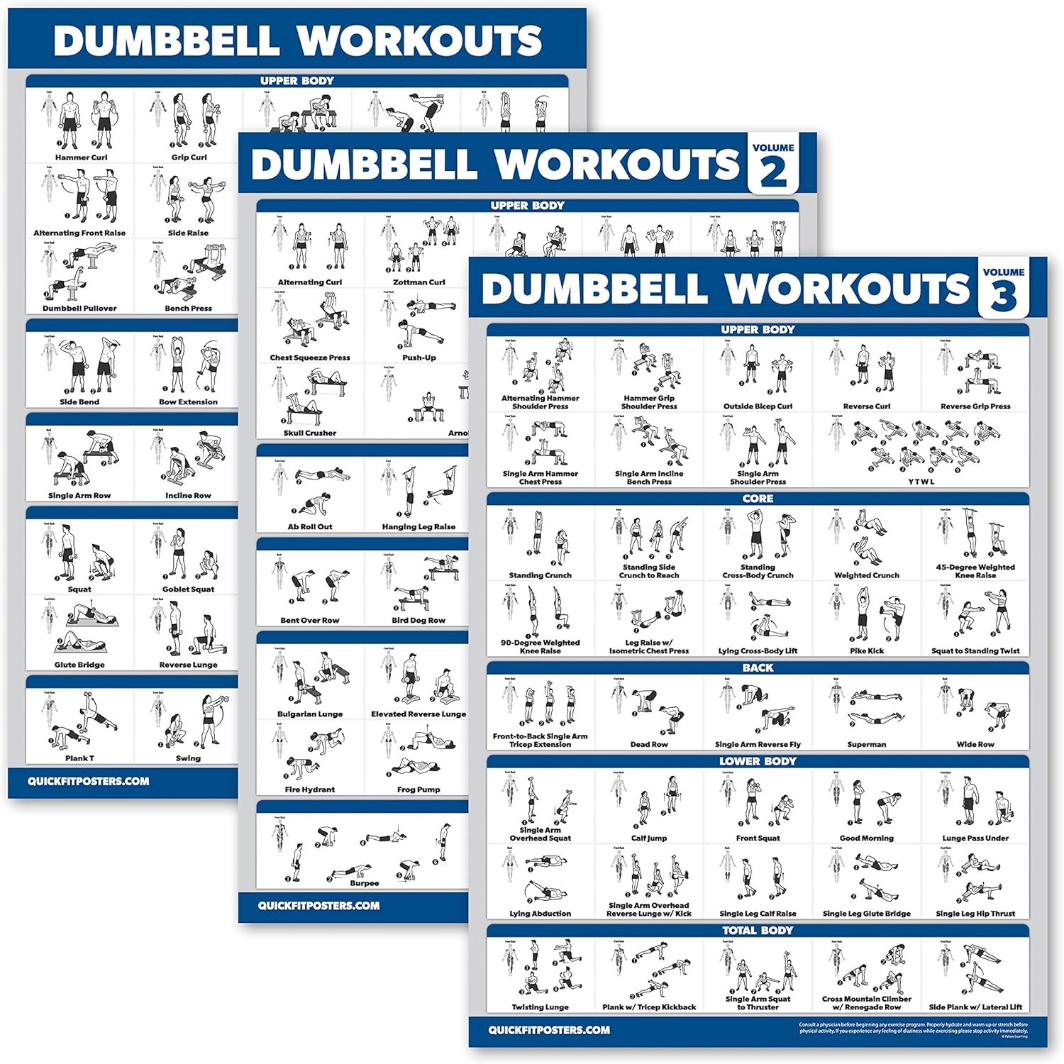 Palace Learning 3 Pack – Dumbbell Workout Posters for Home Gym – Volume