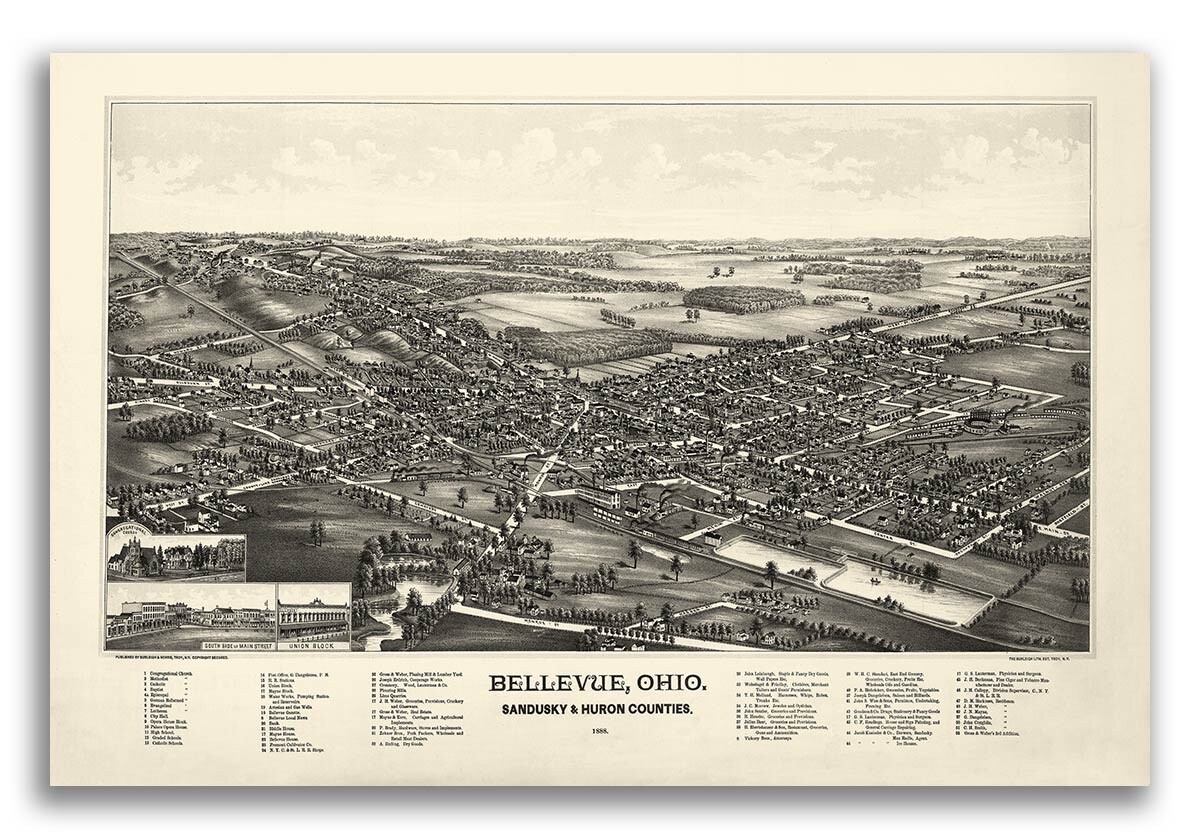 Bird’s Eye View 1888 Bellevue Ohio Vintage Style City Map – 20×30