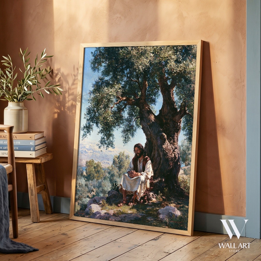 Contemplative Figure Under Olive Tree Poster | Serene Wall Art | Living Room