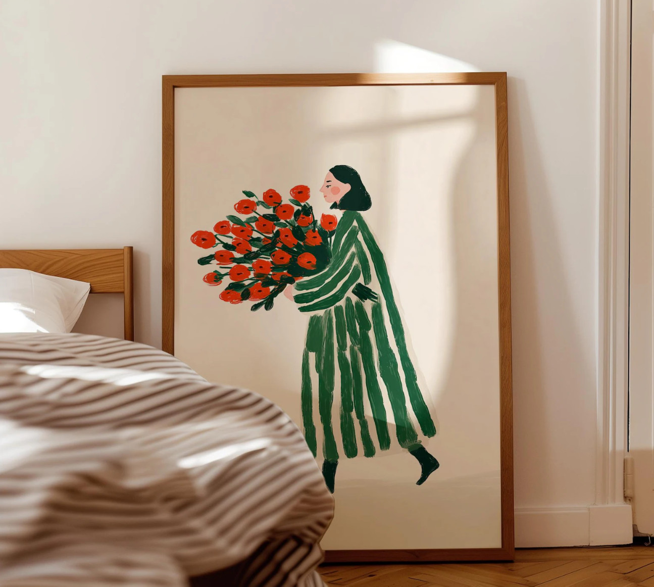 Elegant Woman Portrait Print Red Roses Fashion Wall Art Modern Floral Decor