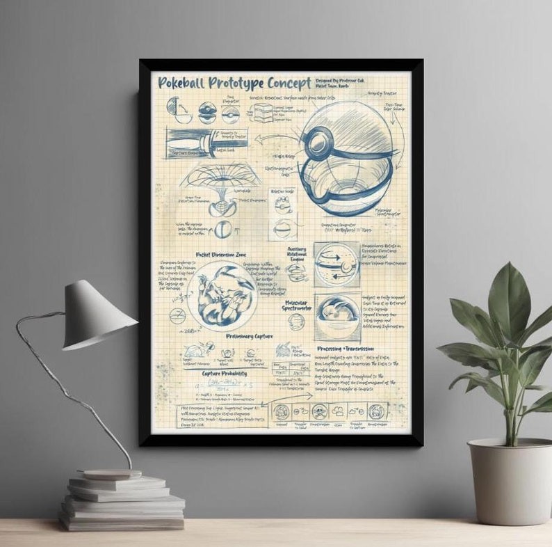 Pokeball Blueprint Pokemon Art Print Poster