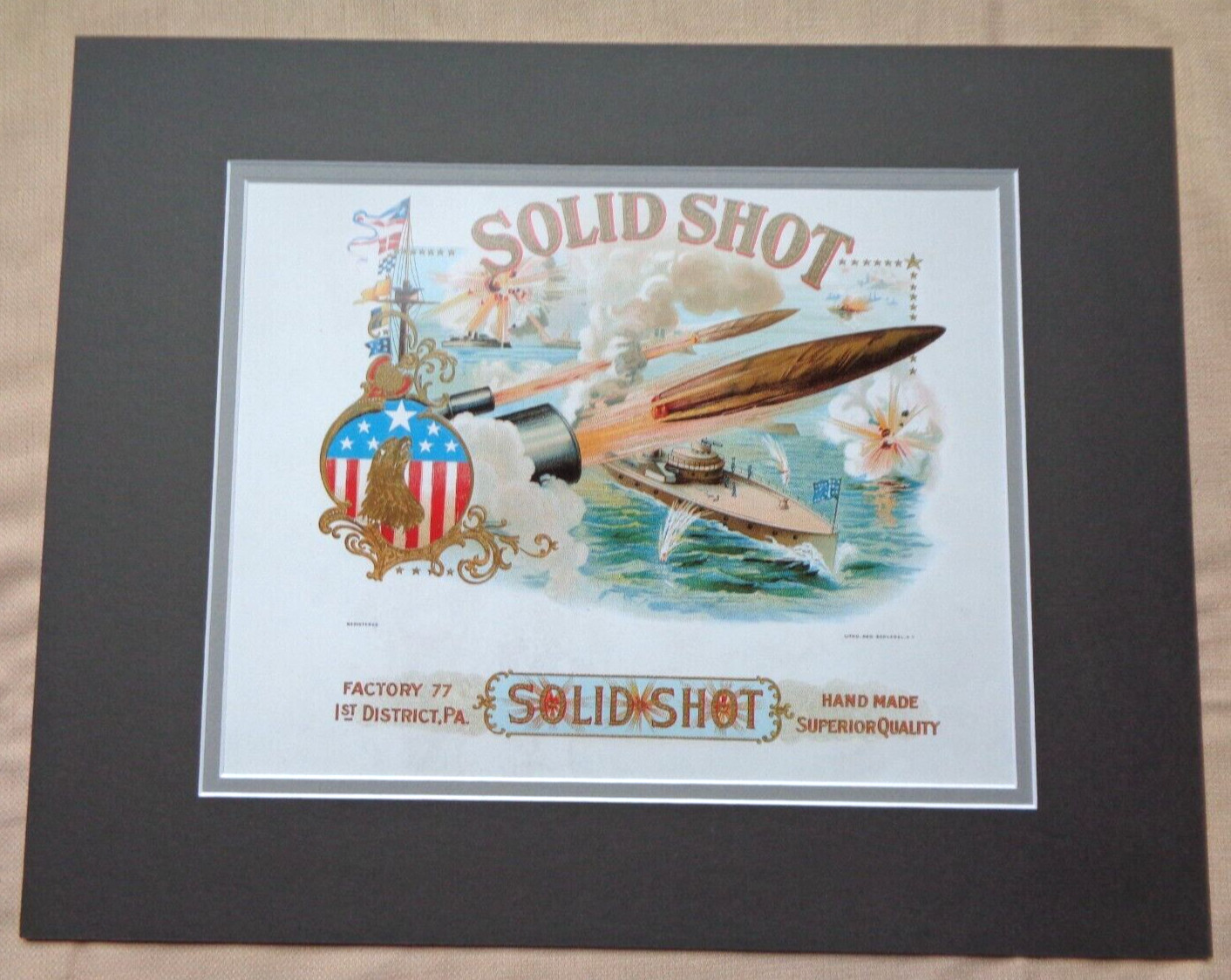 Patriotic Flag American War Military Solid Shot Ships Art Matted Ready to Frame