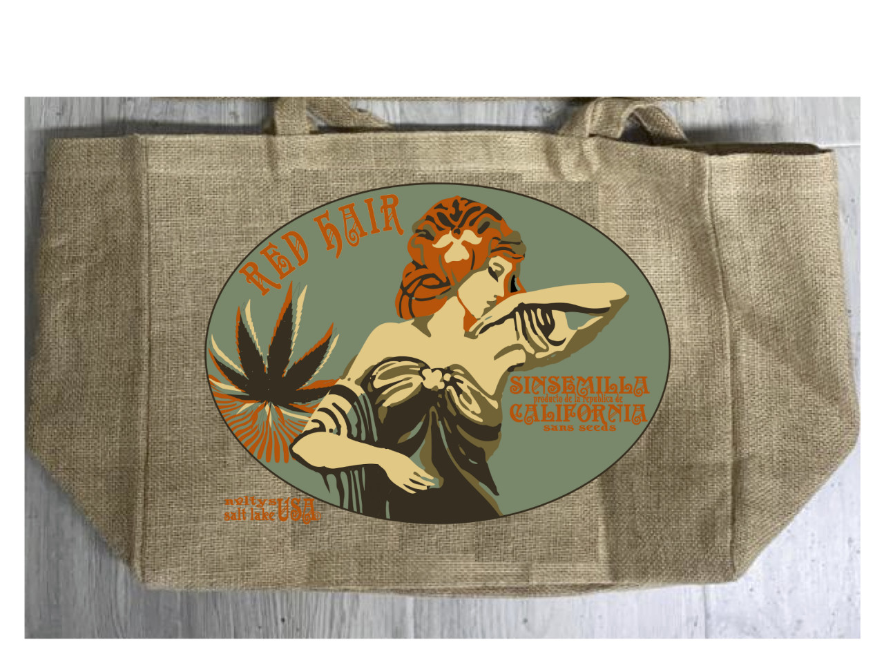 RED HAIR MARIJUANA STRAIN BURLAP TOTE BAG #914 SACK weed art art nouveau woman