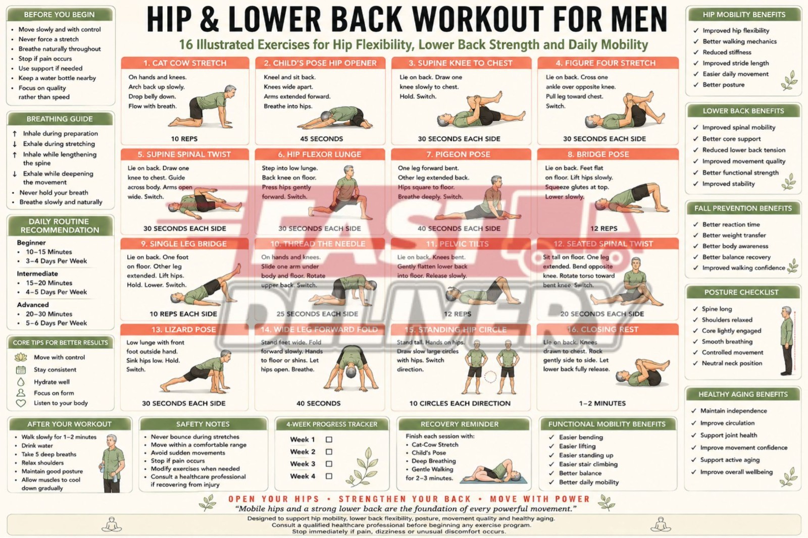 Hip Lower Back Workout Poster for Men 16 Mobility Strength Exercises