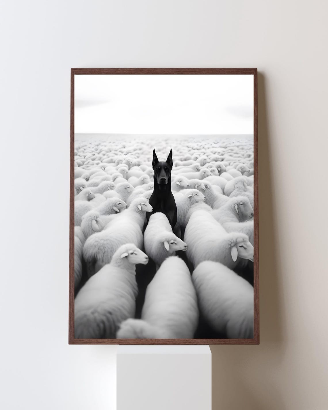 Black Dog Among Sheep Poster Minimalist Animal Wall Art Print