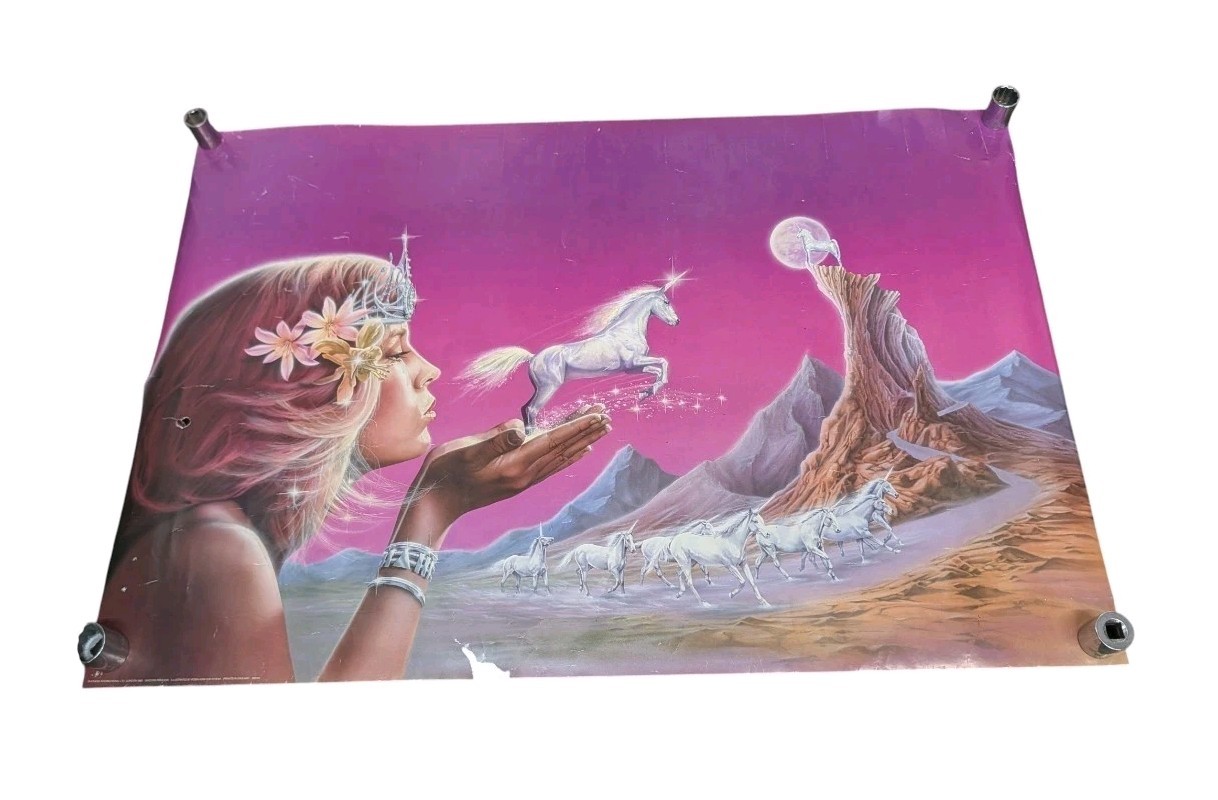 RARE Unicorn Princess Poster VTG 1988 Robin Joni 35×24″ Rolled 1980s Art