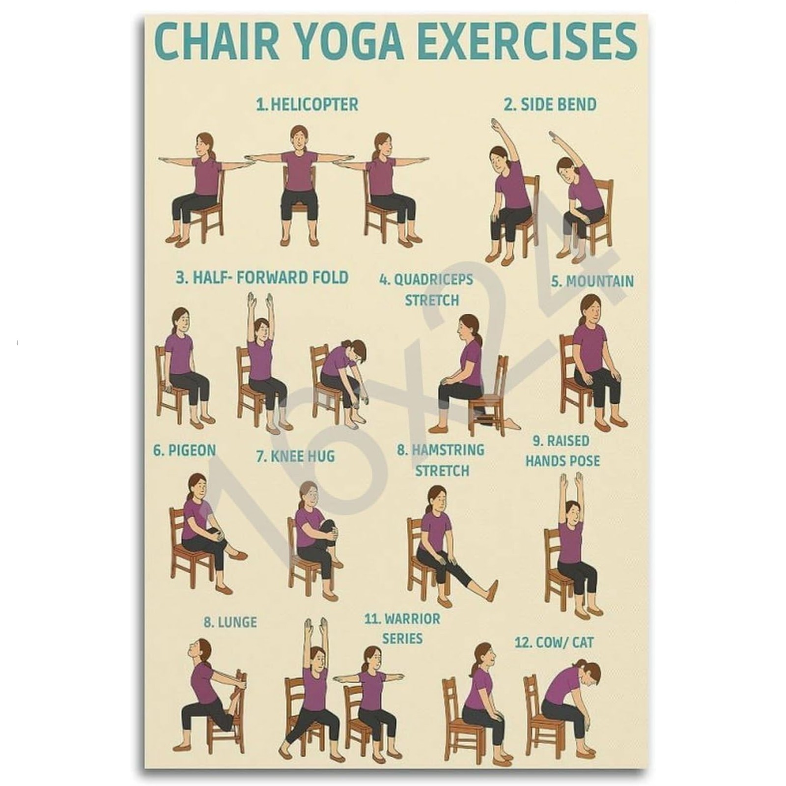 Chair Yoga Exercises Poster Wellness Chart for Seniors over 60
