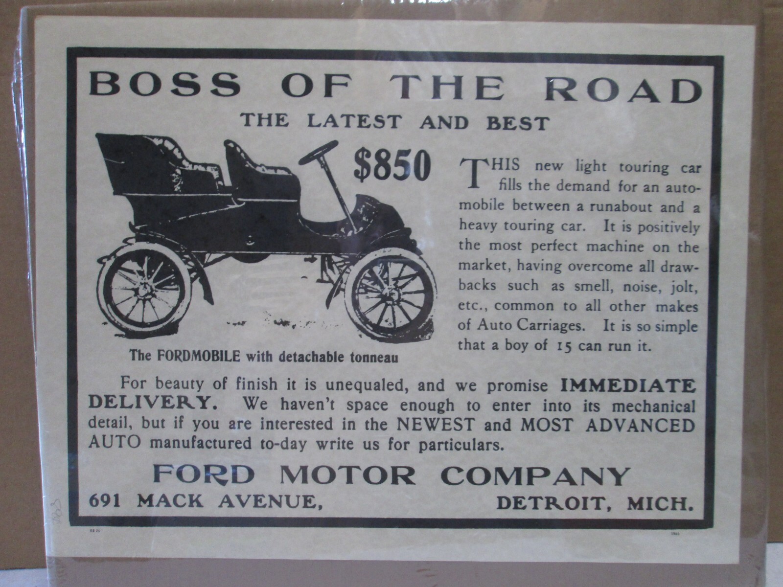 Vintage 1970’s Boss of the road Ford Motor co. 1903 Parchment poster Inv#G7750