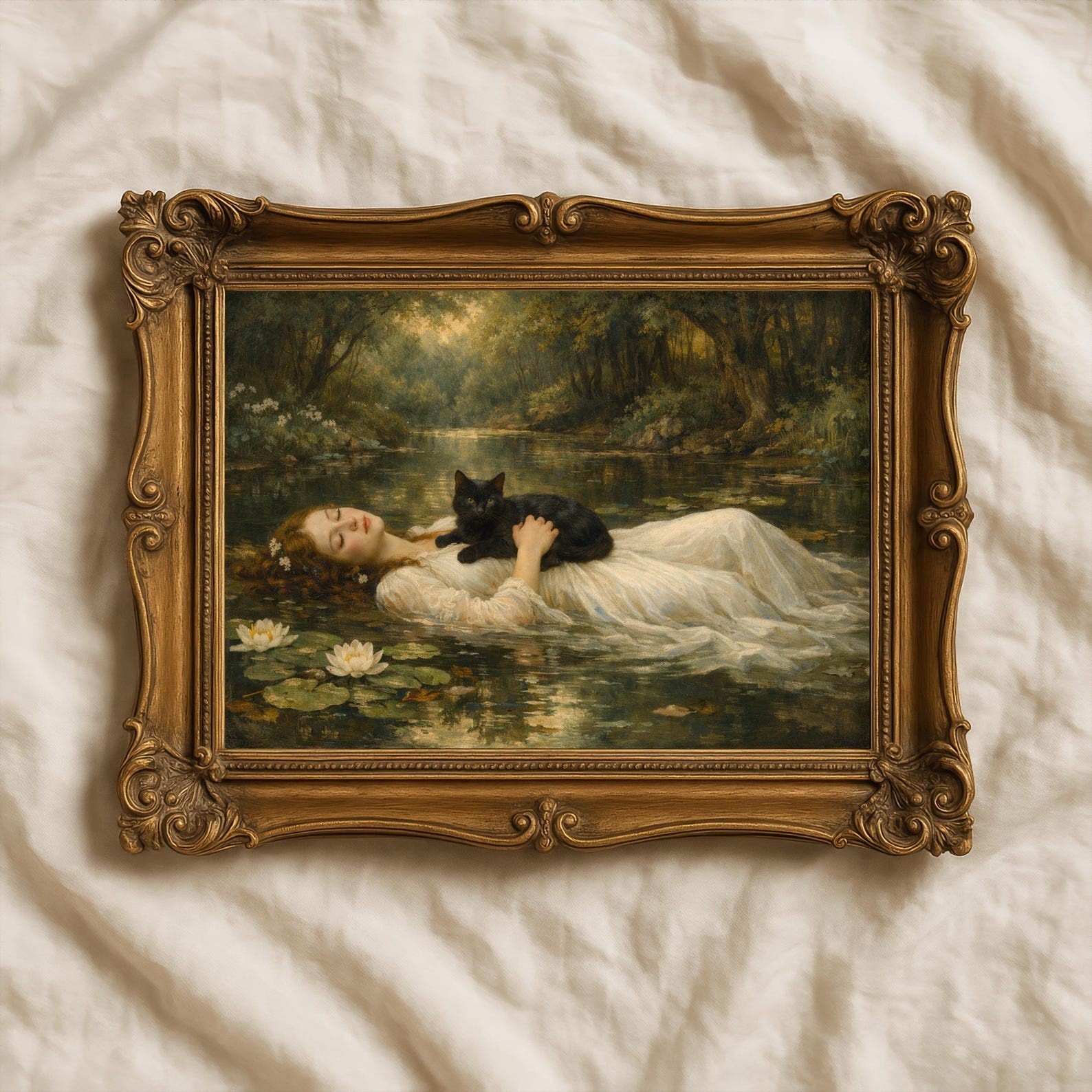 Ophelia Black Cat Painting, Victorian Style Wall Art, Gothic Cat Decor Print