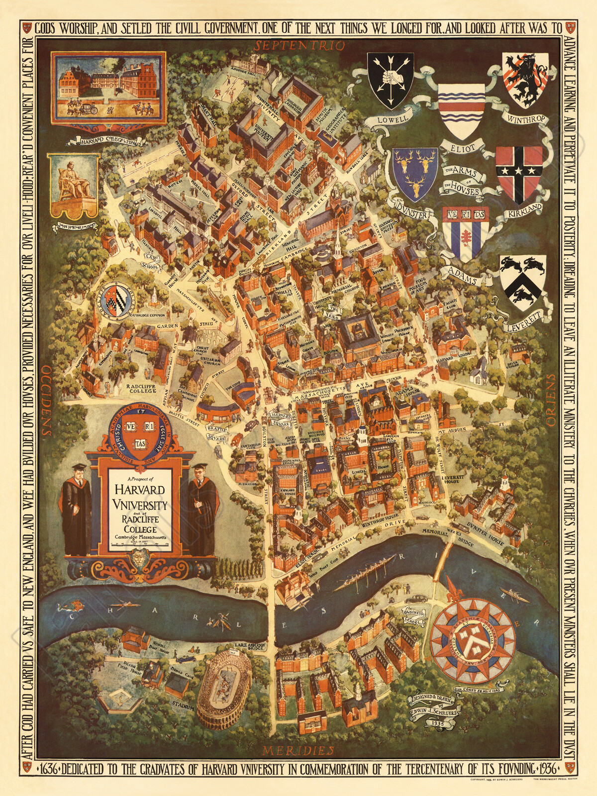 Harvard University & Radcliffe College Beautiful 1935 Pictorial Map