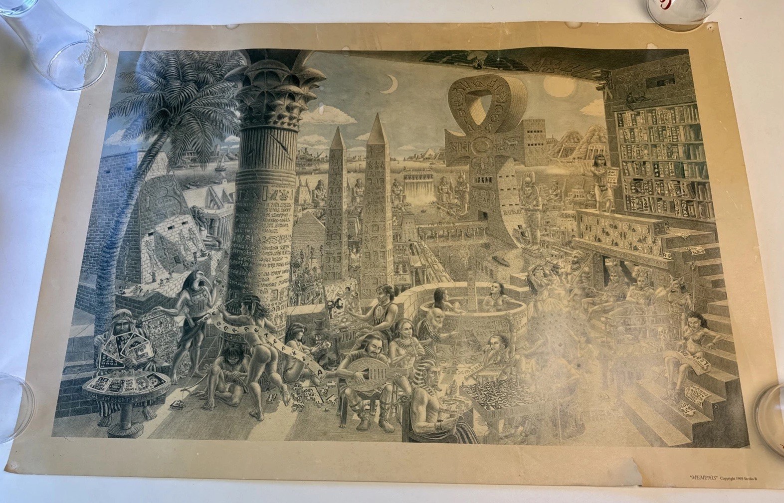 1995 Riddle of Memphis Poster, Tom Masse Surreal Egyptian Themed puzzle vintage