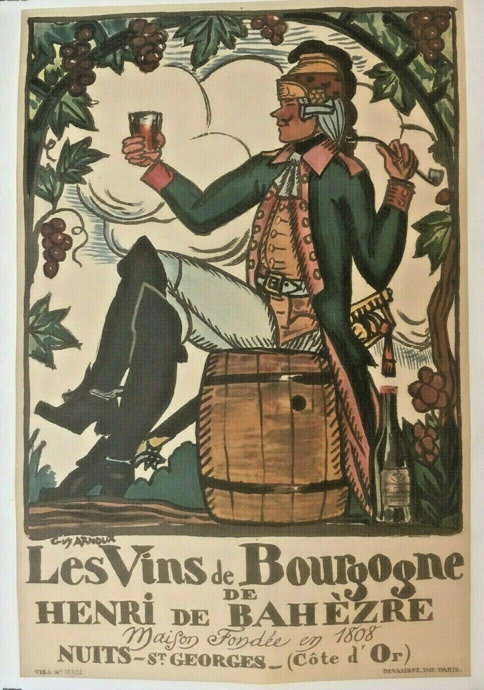 Original Vintage c.1920 Vins de Borugogne French Wine Poster Linen Backed