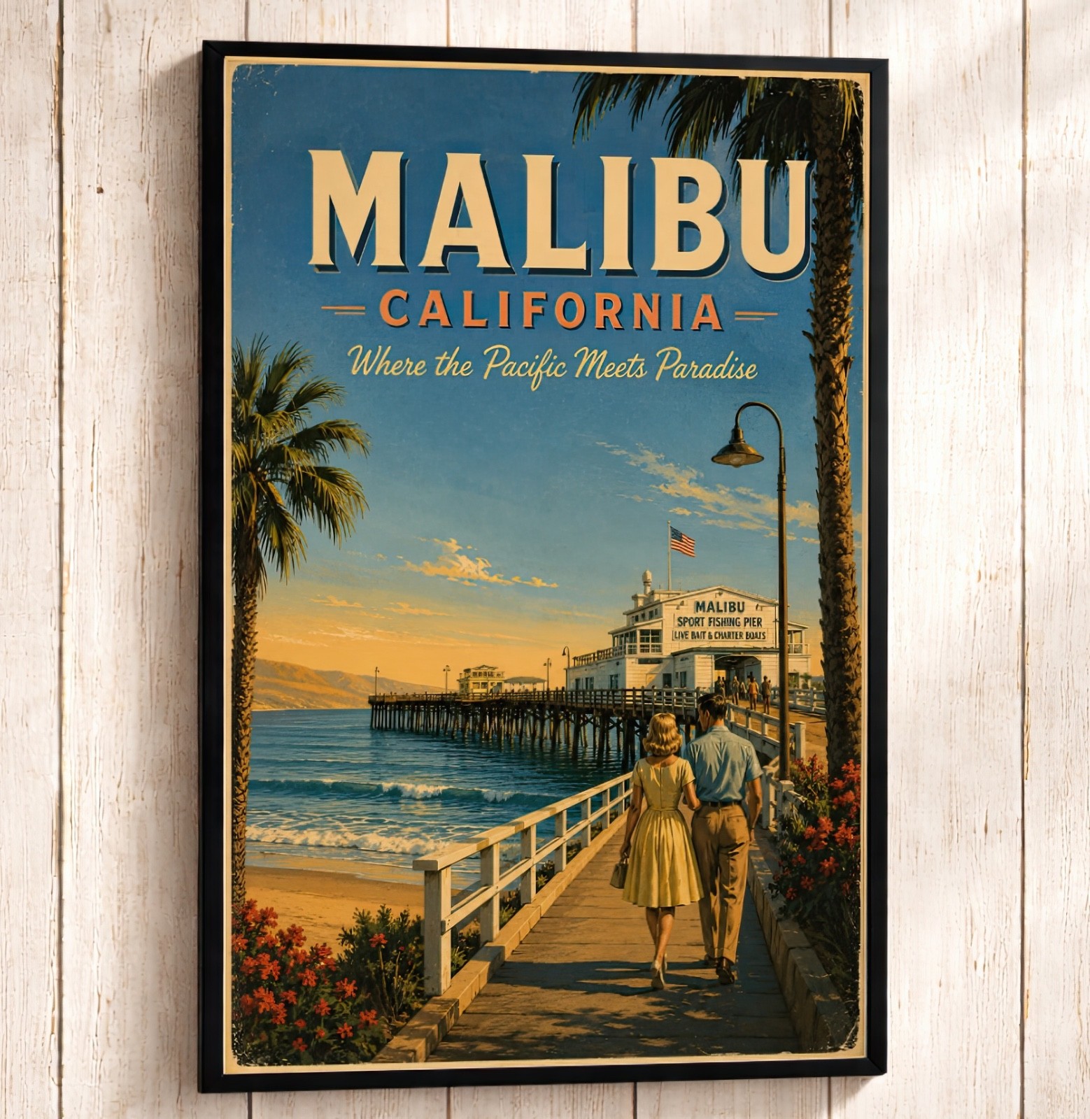 Malibu Pier Travel Poster, Vintage California Beach Wall Art