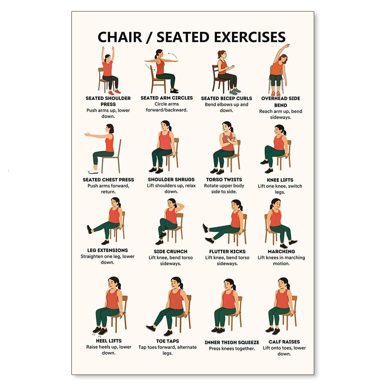 Chair Yoga Chart Exercise Poster, Seated Exercises for Seniors and Beginner
