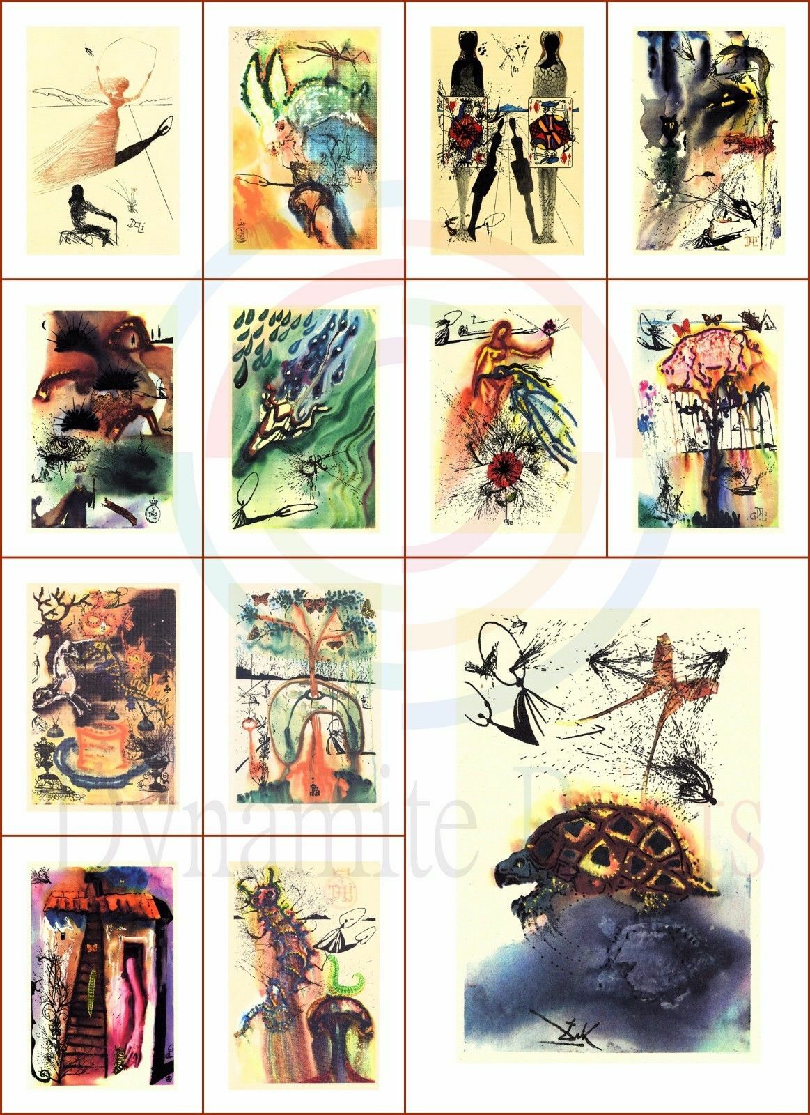 12+1 SALVADOR DALI Alice In Wonderland Illustrations Printed on Canvas 6×9″ +1″