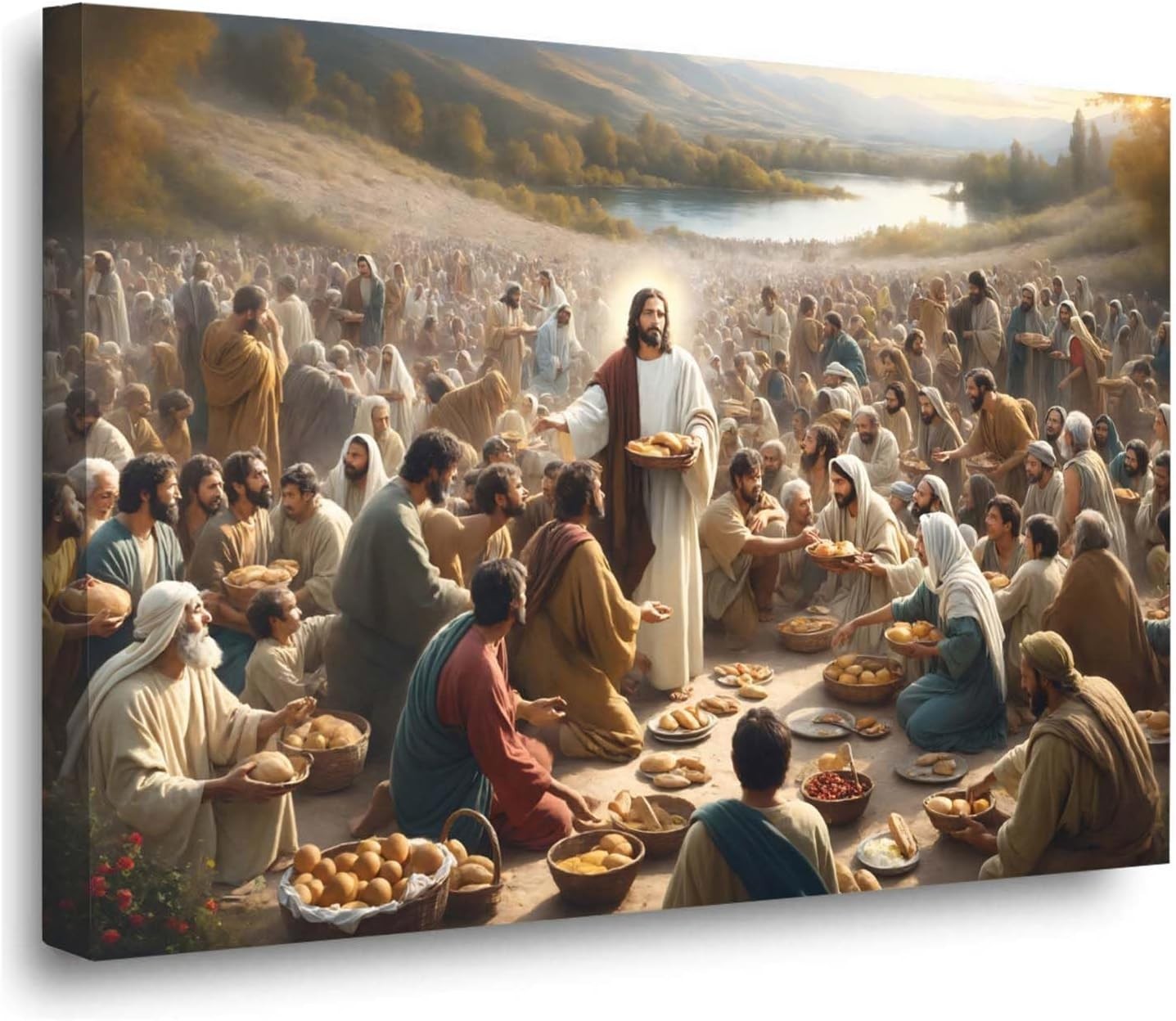 Jesus Feeding 5000 Canvas Wall Art Bread Fish Christian Decor
