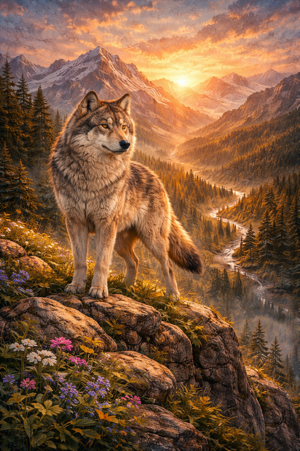 Wolf Watching Over Alpine Wall Art Print Painting Printed On Canvas Artprint