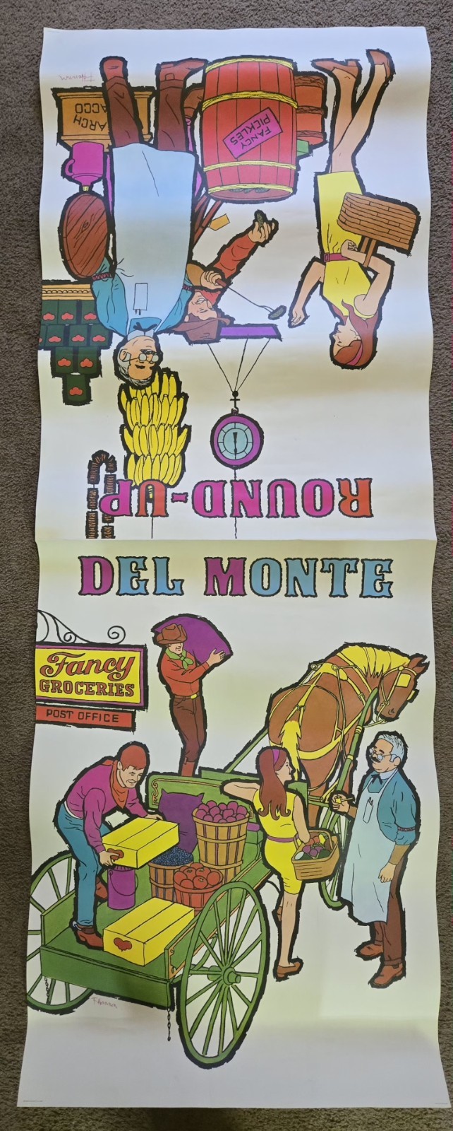 Large 2 Sided 1972 Del Monte Round Up Supermarket Advertising Poster 35×25(1/2)