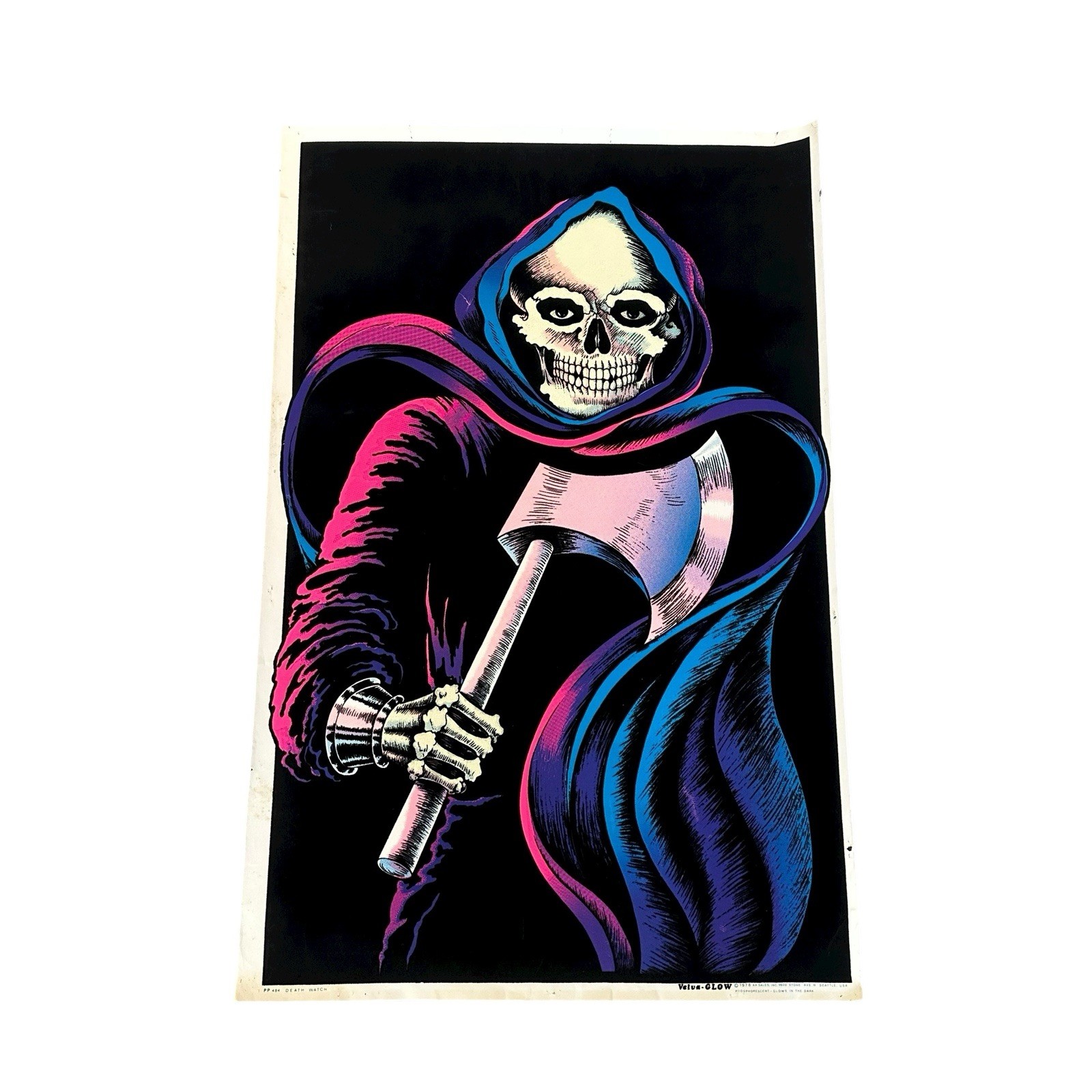 Vintage 1978 Death Watch Grim Reaper Velva Glow poster Size 23in X 35in