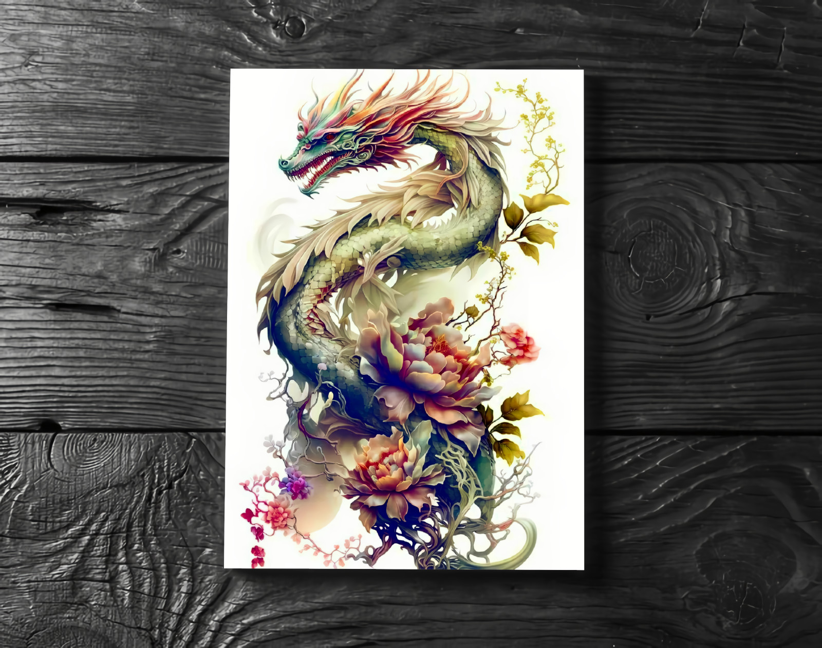 Dragon 2024 Chinese Year Of The Dragon Flowers Wall Art Poster Print – No Frame