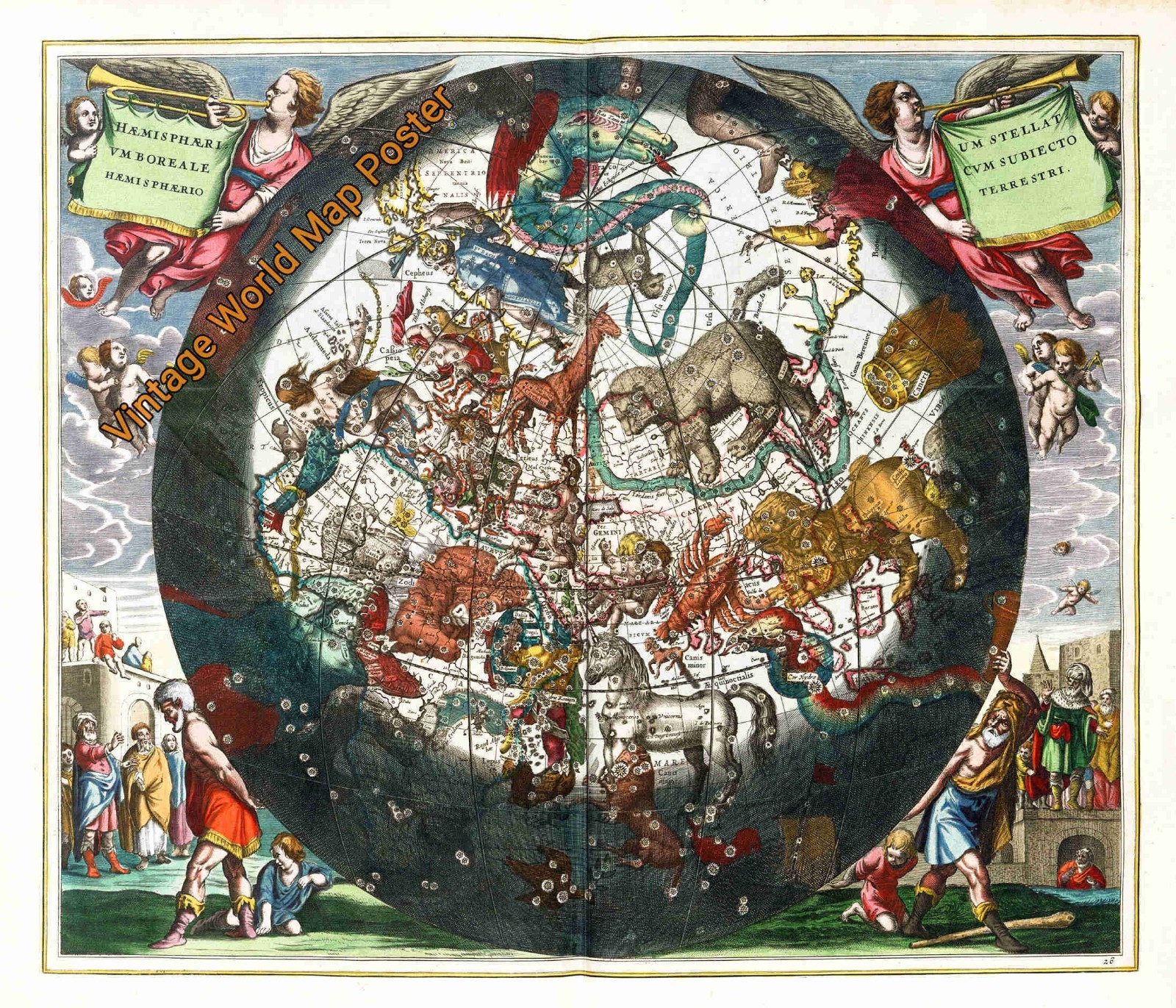 1690s Vintage World Map Old Style PosterBaroque Mythology 24 x 28 Inch #T06
