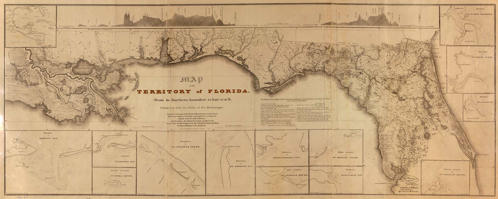 Huge MAP State of FLORIDA Coastal Waterways Vintage circa 1829 24″ x 60″