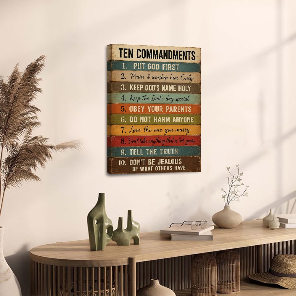 Ten Commandments Wood Plank Canvas Poster Wall Art Home Decor Sign Rules