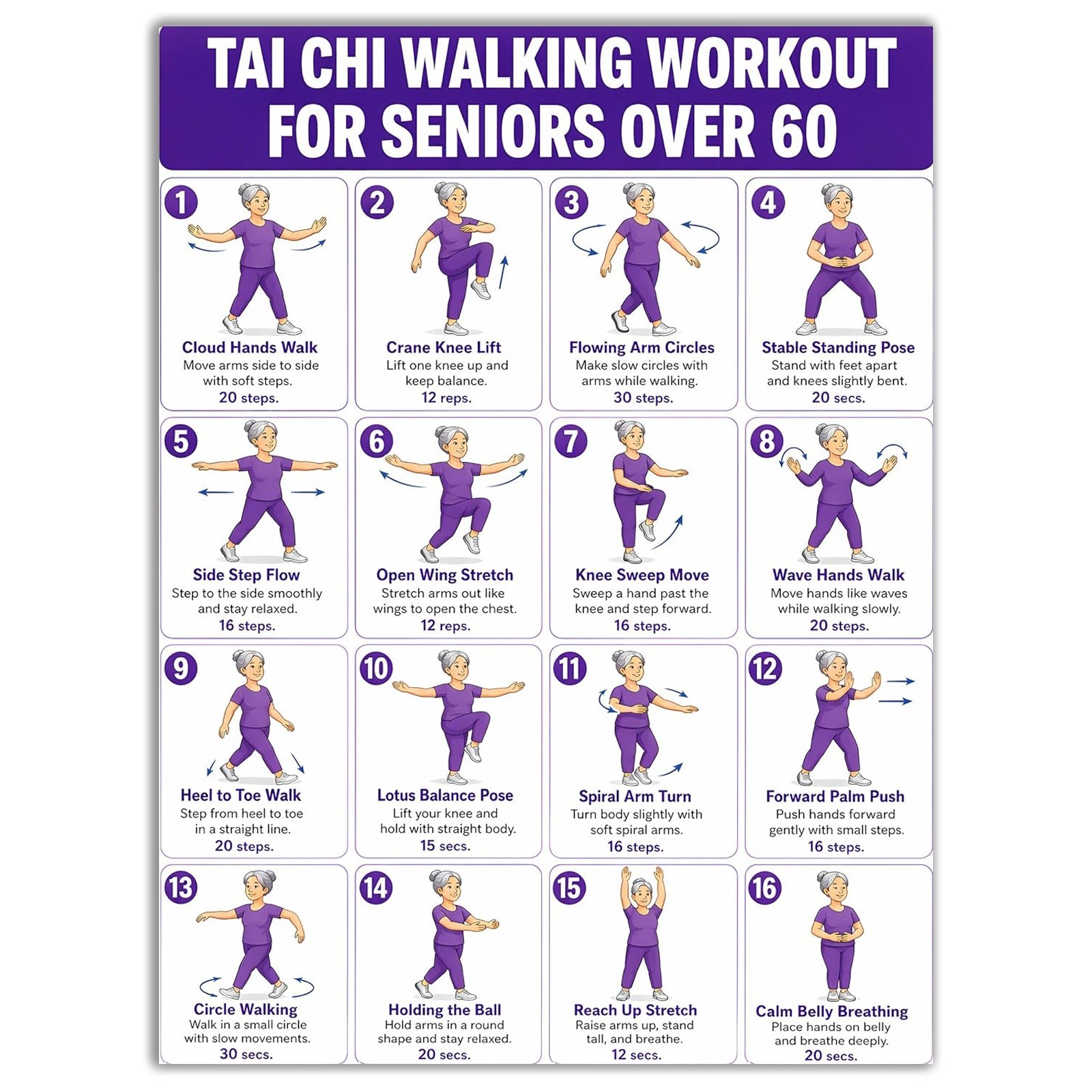 Tai Chi Chair Workout Chart Poster Seated Exercise Guide for Seniors & Beginners