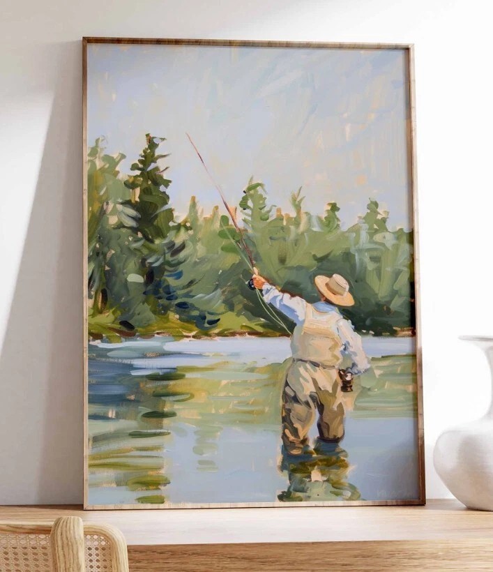 Fly Fishing River Landscape Art Poster