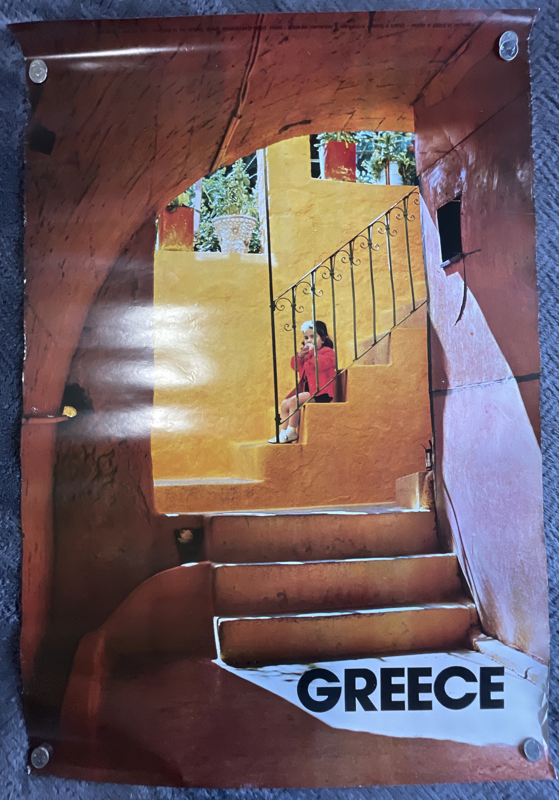 Original Vintage Greece Travel Poster Child Stairs Architecture 1976 39 X 27