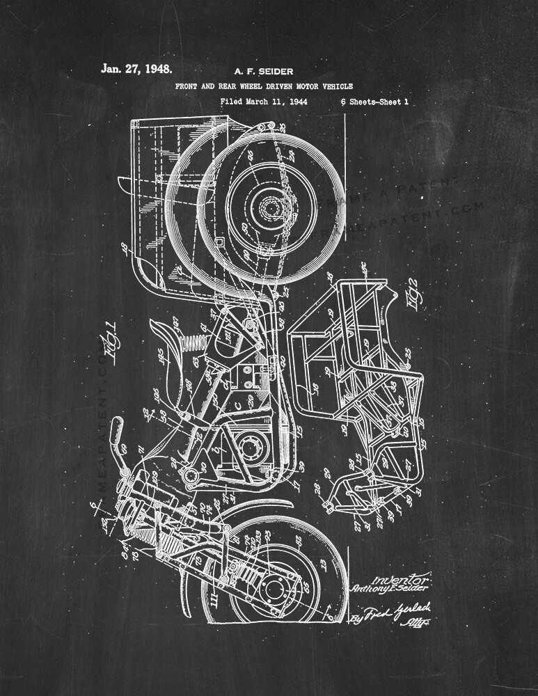 Front and Rear Wheel Driven Motor Vehicle Patent Print Chalkboard