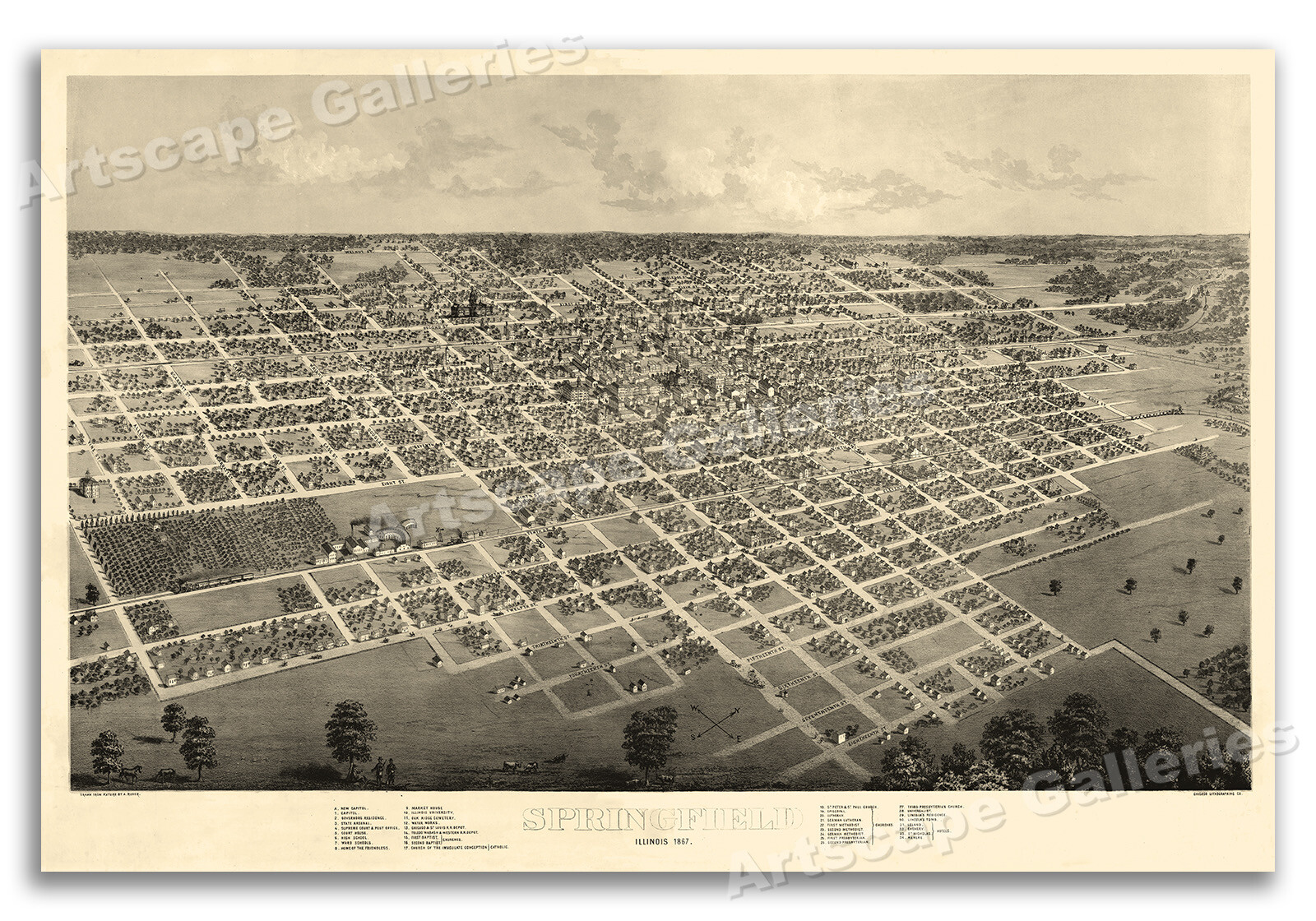 1867 Springfield Illinois Vintage Old Panoramic City Map – 24×36