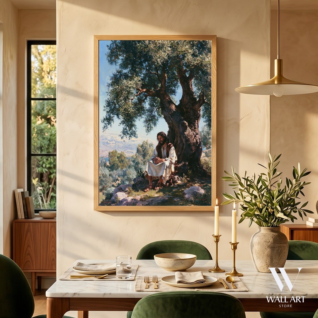 Contemplative Figure Under Olive Tree Poster | Serene Wall Art | Living Room