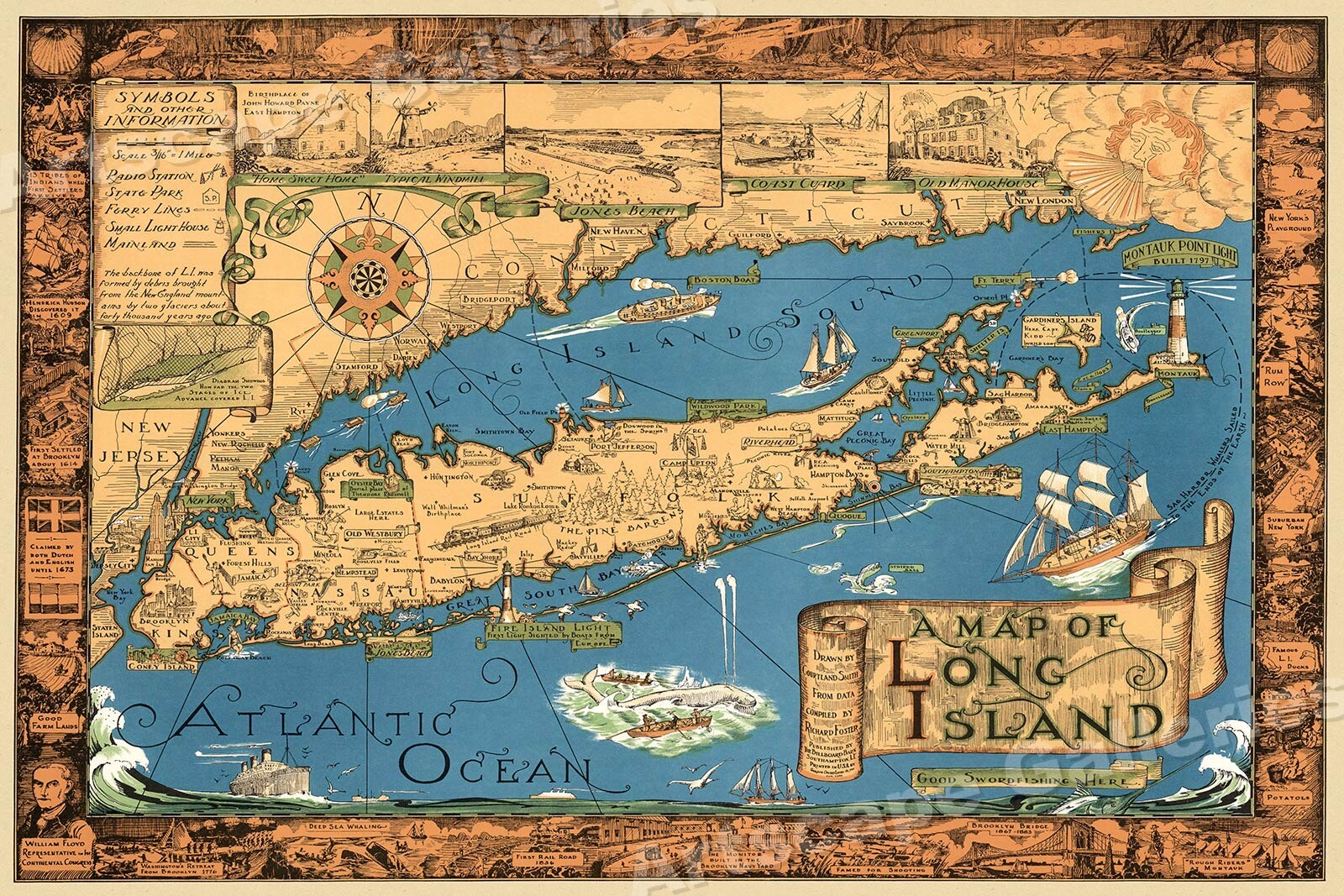 “A Map of Long Island” NY 1930s Historic Wall Map – 24×36