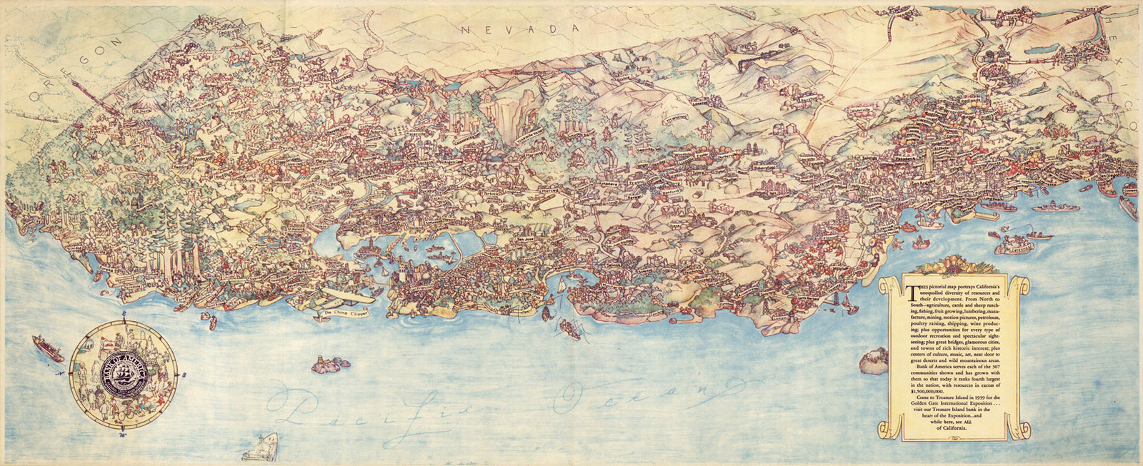 Pictorial California Map Treasure Island Golden Gate History Wall Poster Print