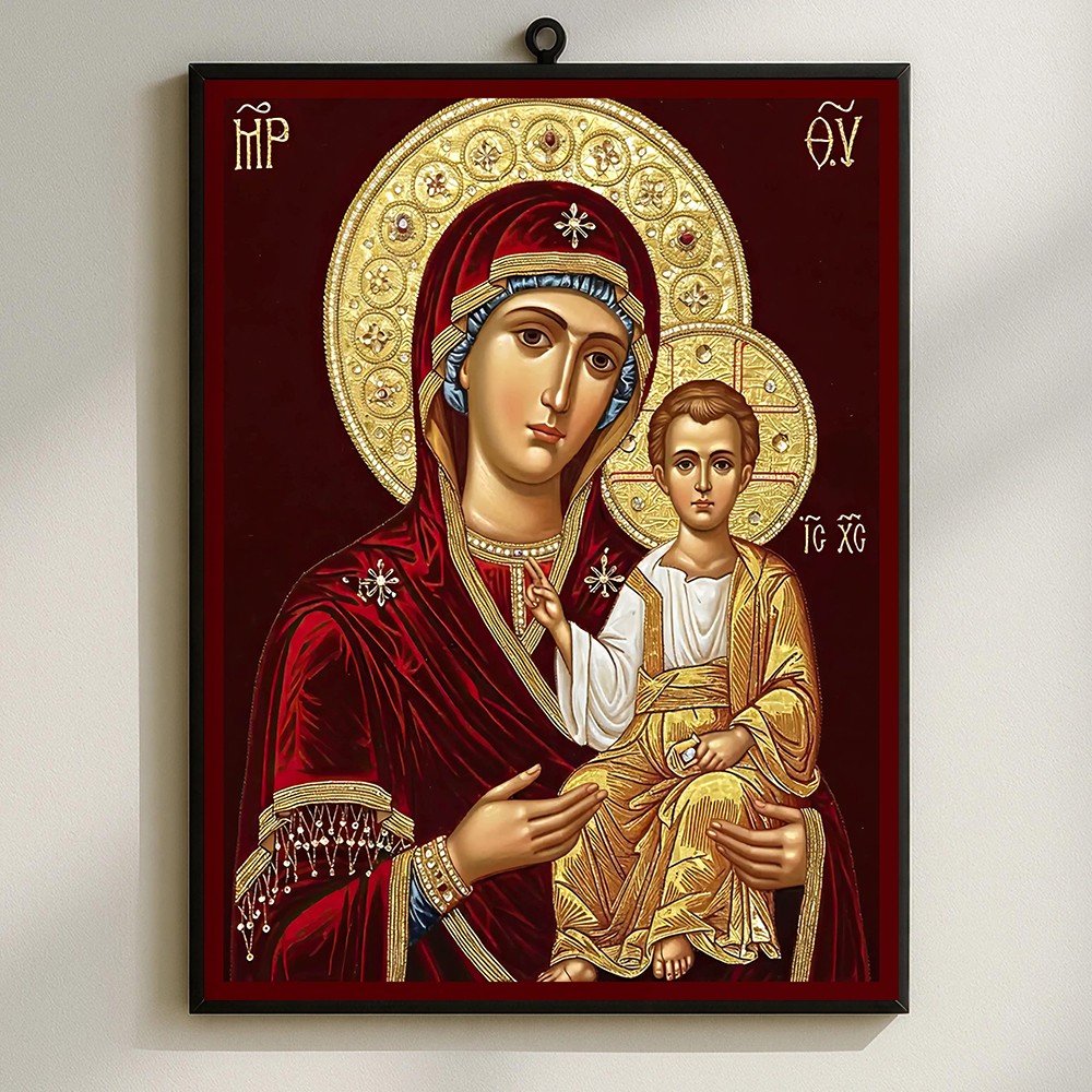 Gem Crown Orthodox Virgin Mary Baby Jesus Canvas Wall Art Poster Print