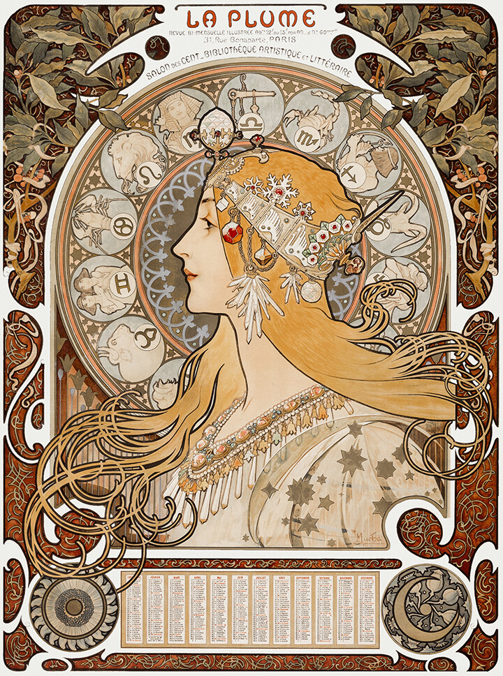 Zodiaque (“La Plume”) by Alphonse Marie Mucha Vintage Art Nouveau Poster