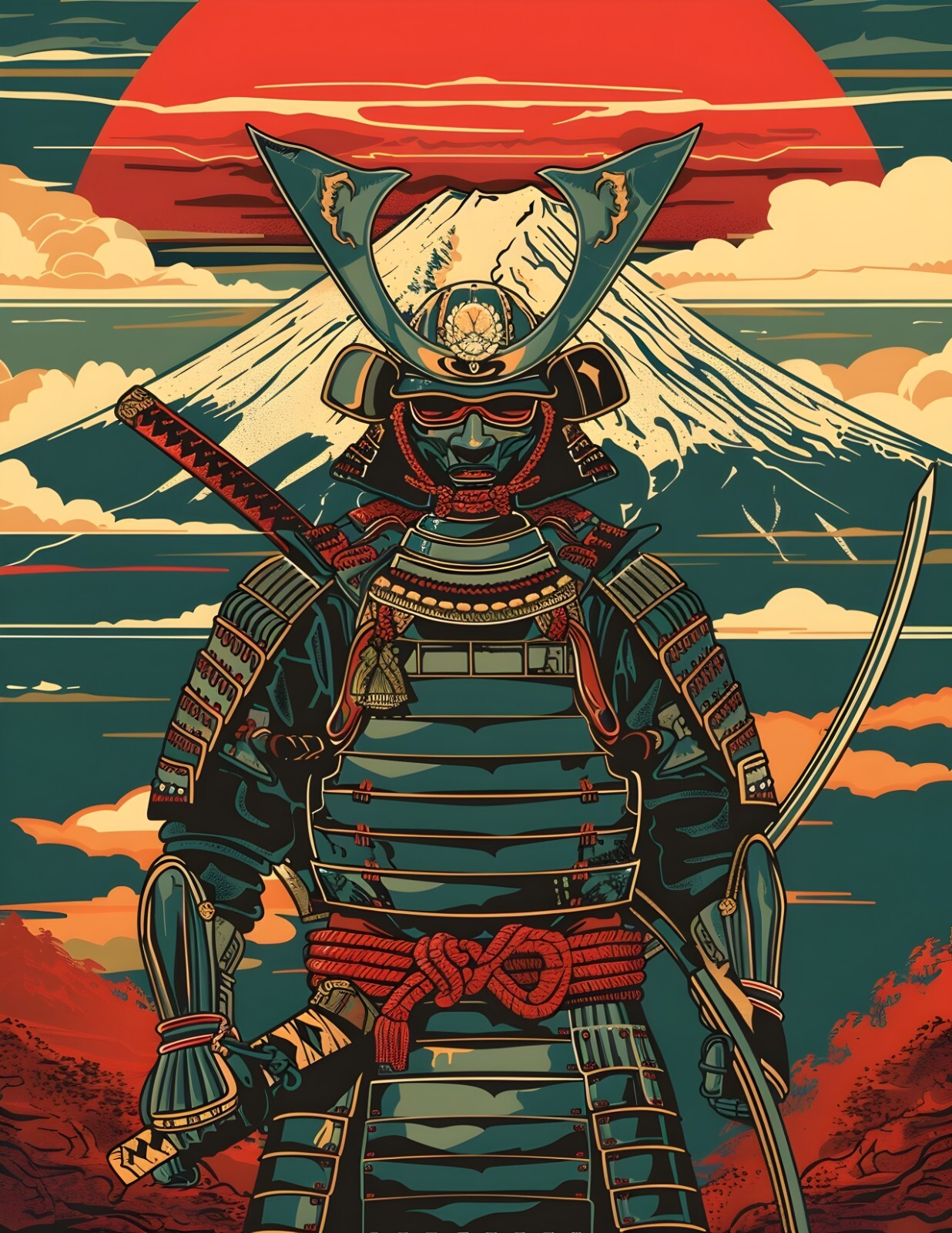 Japanese Samurai Warrior Ready For Battle Bushido Mt. Fuji Fantasy Art Print
